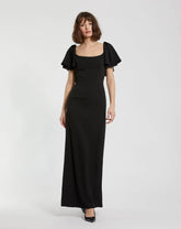 Black Crepe Fitted Long Dress With Short Ruffle Sleeves